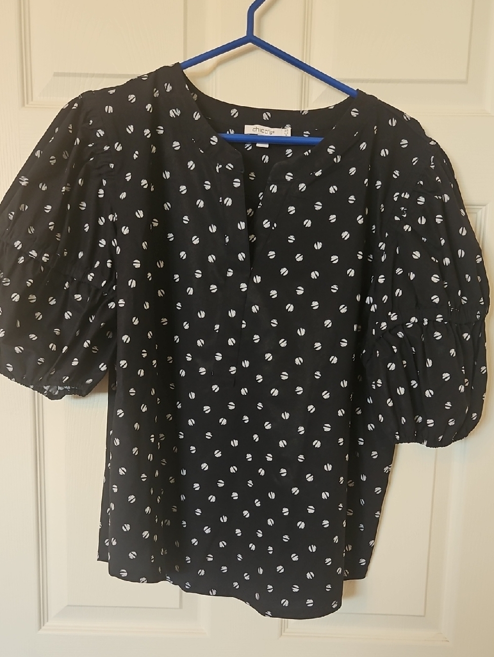 Navy Blouse with White Dot Puff Sleeves